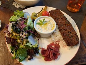 Vegan kebab with salad and rice at Vegan Dükkan Lokanta - The Eatery in Istanbul