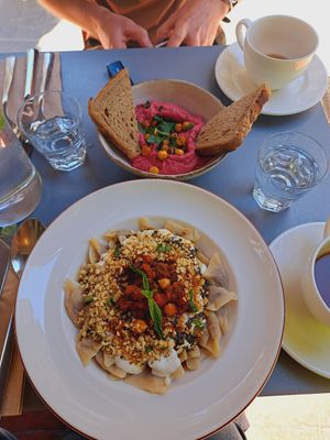 Ravioli and beetroot hummus. at Vegan Dükkan Lokanta - The Eatery in Istanbul