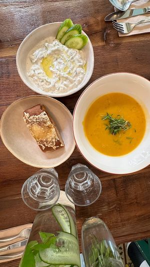 Vegan tzatziki, gluten free bread and pumpkin 🎃 soup 🍜   at Vegan Dükkan Lokanta - The Eatery in Istanbul