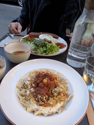 Manti (front) and vegan kebab (back) at Vegan Dükkan Lokanta - The Eatery in Istanbul