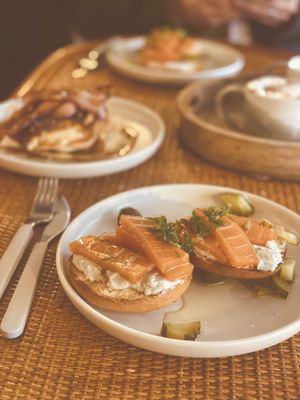 Smoked carrot ‘salmon’ and cream ‘cheese’ bagels. Pancakes with ‘bacon’   at The Tinker's Granddaughter in Lymington