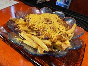 Beer infused vegan chilli cheese fries, $6.50  at Garage Sale in Phnom Penh