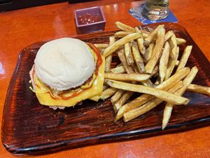 “The farm” vegan burger with Cajun fries, $10.25 #Veganuary at Garage Sale in Phnom Penh