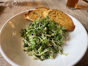 Vegan kale and pea pesto tagliatelle with garlic bread. Delicious.   at The Prince of Wales in Yeovil