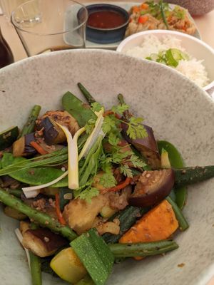 Pinakbet: okra, aubergine, zucchini, green beans, sweet potato, bitter melon at Lolo & Lola in Vienna