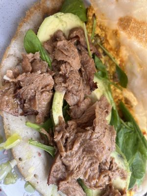 soy chunks added to scrambled eggs inside Fried rice pancakees  at Pink in Warsaw