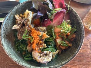 Oyster mushroom tempura bowl  at Pink in Warsaw