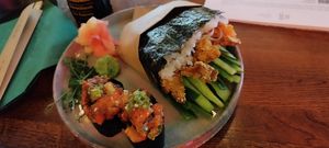 Super nice japanese vegan inspiration. The "gunkan nasu", the 2 small pieces, with eggplant and vegan caviar are super tasty. Big one is  KFB japanese sandwich with oyster mushroom at Pink in Warsaw