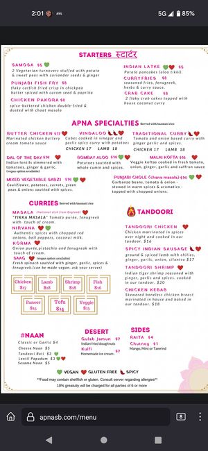 💚 = vegan at Apna Indian Kitchen in Santa Barbara