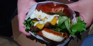 Poppin' Jalapeño Burger.. Amazingly delicious from the pretzel bun to everything inside! at Native Foods in Tigard