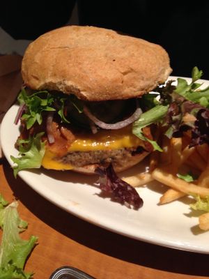 Double Cheese Burger with Seitan Bacon at Native Foods in Tigard