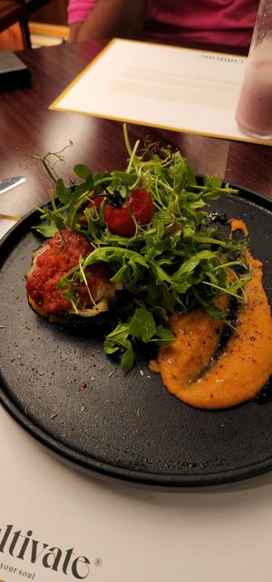 Portobello with tomato sauce and bean hummus at Cultivate Cafe in Central Singapore