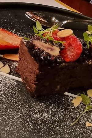 Prune and dark chocolate brownies with bitter chocolate ganache at Cultivate Cafe in Central Singapore