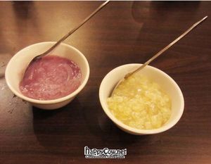 Two of the desserts - corn 'soup' and taro 'soup' at Tinh Quan in Hue