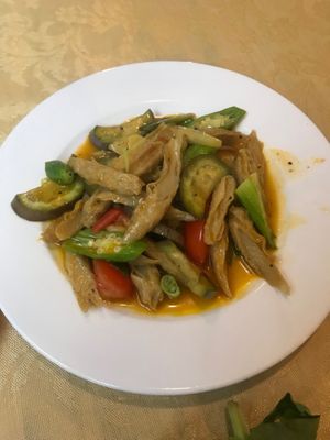 Wheat gluten (seitan) stir fry at Tinh Quan in Hue