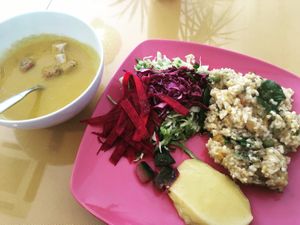 Soup , salad and rice with vegetables at Naturalmente in Loule