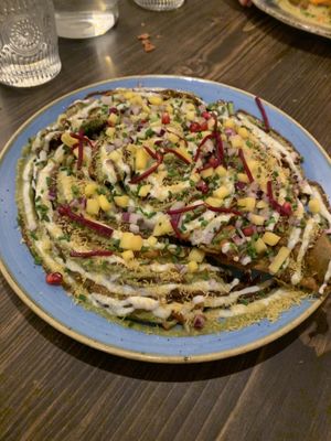 Betel and nettle leaf pakora with apple and fennel yoghurt (you have to try this!)  at Késarum in Southampton