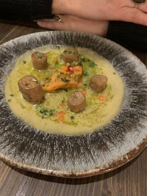 King oyster scallops in dill oil and ‘fish’ sauce with sweet potato mash   at Késarum in Southampton