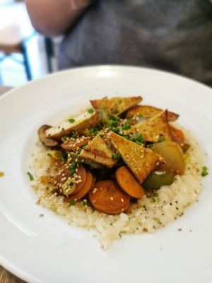 Creamy rice with Tofu and roasted vegetables. at Mariposas in Marseille