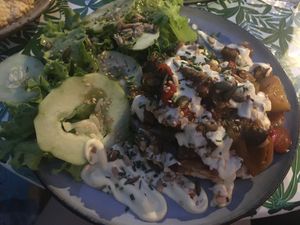 Corn fritters with ratatouille and salad at Mariposas in Marseille