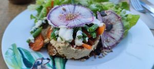 Potato pancake with salad and hummus at Mariposas in Marseille