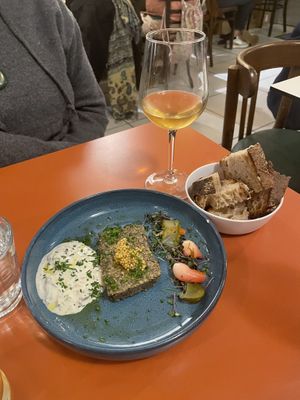 Starter with pate and the most delicious fresh bread. This was a favorite !  at Mariposas in Marseille