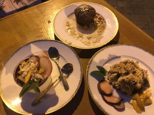 Apple crumble, chocolate cake, an Italian raspberry cream dessert  at Mariposas in Marseille