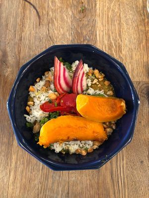 dahl with butternut squash, fresh beet, crushed nuts, rice  at Mariposas in Marseille