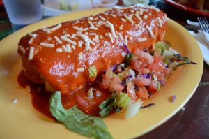 Wet chimichanga with chile colorado feeling at El Papagayo in Carmichael