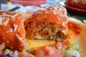 Wet chimichanga with chile colorado feeling at El Papagayo in Carmichael