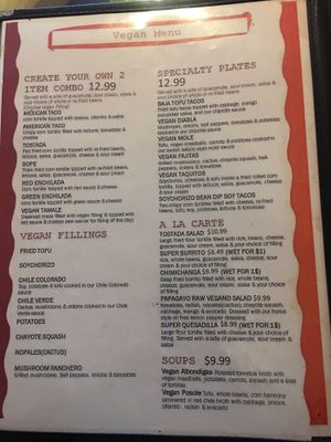 Vegan menu at El Papagayo in Carmichael
