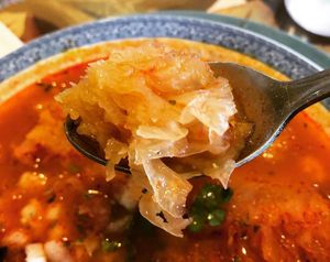 Vegan menudo up close (that’s jackfruit not tripe) at El Papagayo in Carmichael