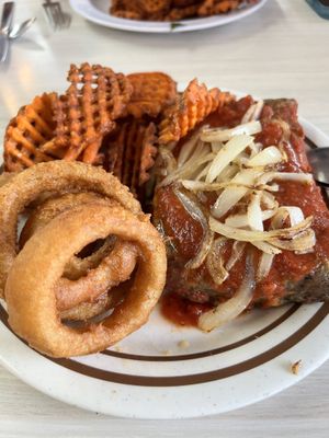 Vegan meatloaf with sweet potato fries & onion rings   at Mattie's Diner in Charlotte