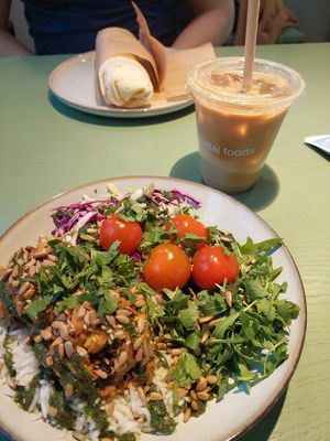 wrap, iced latte, bowl at Vital Foods in Copenhagen
