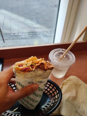 Jackfruit chipotle burrito, try it with the chili crunch! at Vital Foods in Copenhagen