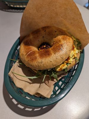 Scrambled tofu bagel with crunchy chilli at Vital Foods in Copenhagen