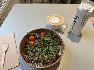 Mushroom mince salad bowl, flat white, and water. Lovely.   at Vital Foods in Copenhagen
