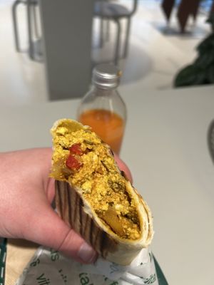 Vegan scramble burrito and carrot-orange juice  at Vital Foods in Copenhagen