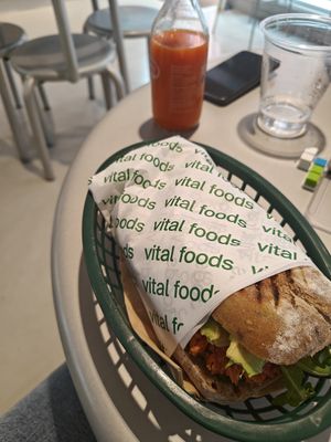 Grilled sandwich with carrot juice. at Vital Foods in Copenhagen