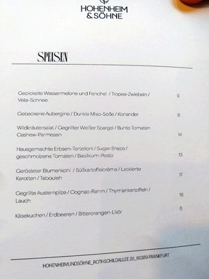 Food menu changing weekly at Hohenheim & Söhne in Frankfurt