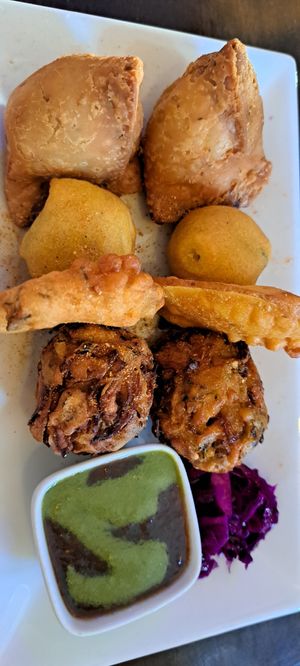 Sharing starter platter at Namaste India in Norwich