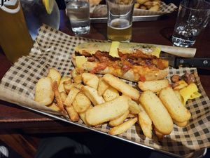 Vegan chilli dog at Teuchters Landing in Edinburgh