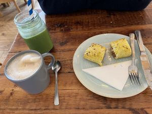Morning oat latte, green power smoothie and a vegan roll!  at The Pewsham in Chippenham