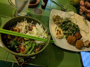 Indonesian noodles and Middle Eastern plate at Akar Cafe in Lovina