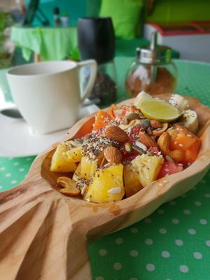 Fruit Mix with seeds & nuts + Balinese coffee at Akar Cafe in Lovina