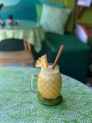 Island magic smoothie - coconut, banana, pineapple, orange at Akar Cafe in Lovina