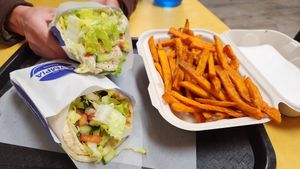 Falafel and baba ghanouj sandwiches with sweet potato fries at Gyro Makers in Renton