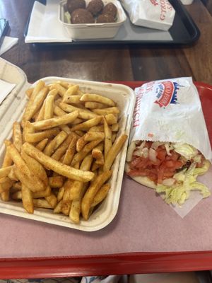 Fries & cauliflower/falafel sandwich- so yummy  at Gyro Makers in Renton