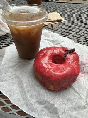 Hibiscus doughnut and almond milk cold brew  at Dough Doughnuts - Rockefeller in New York City