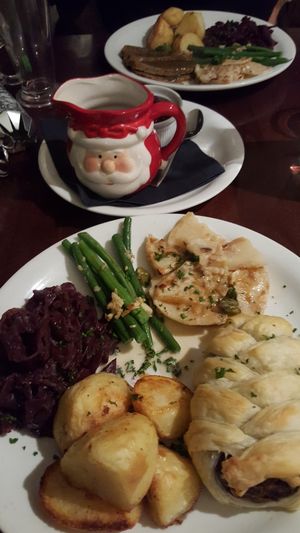 Christmas lunch menu - savoury strudel with all the trimmings  at Beanos in Folkestone